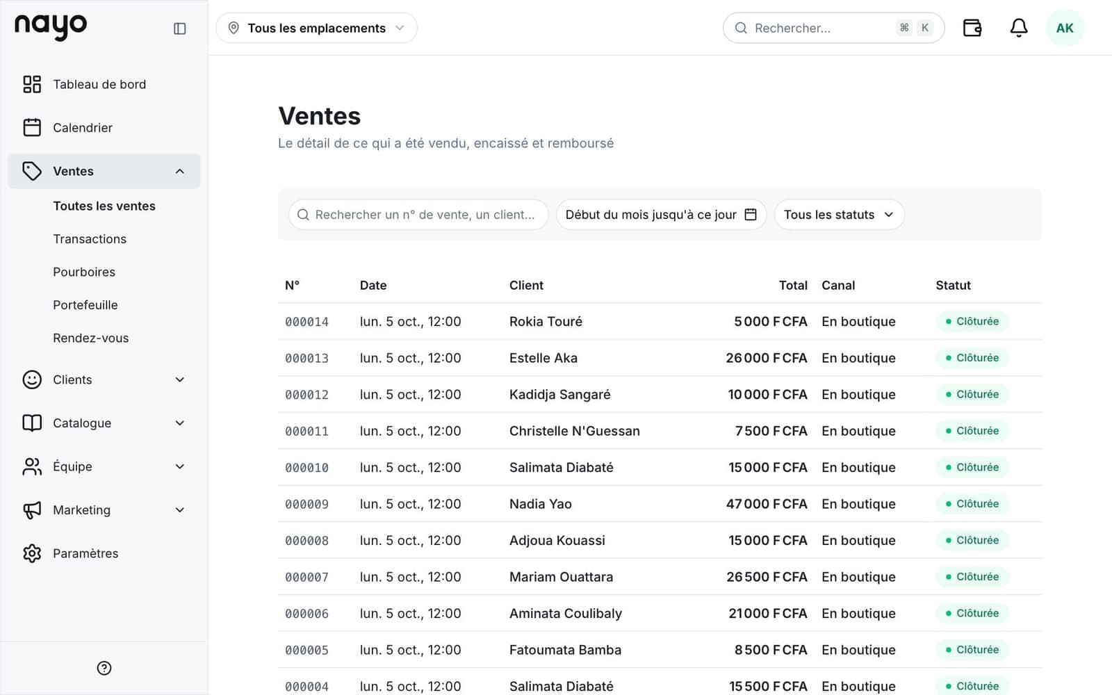 Liste des ventes