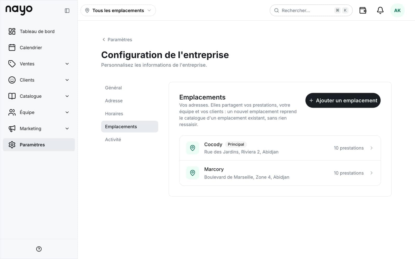 Fiche d'un emplacement