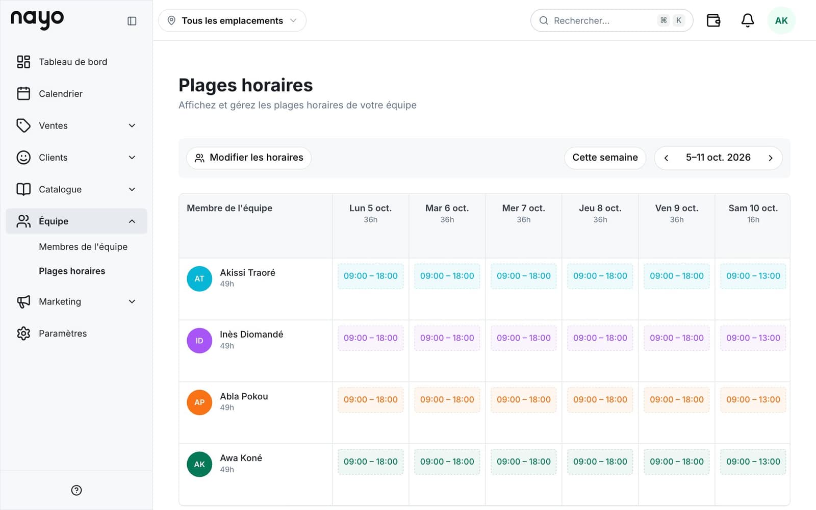 Horaires de l'équipe