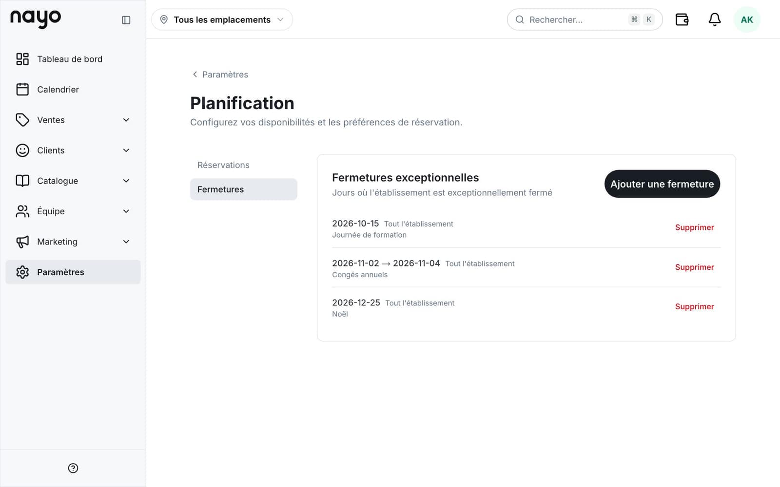 Liste des fermetures