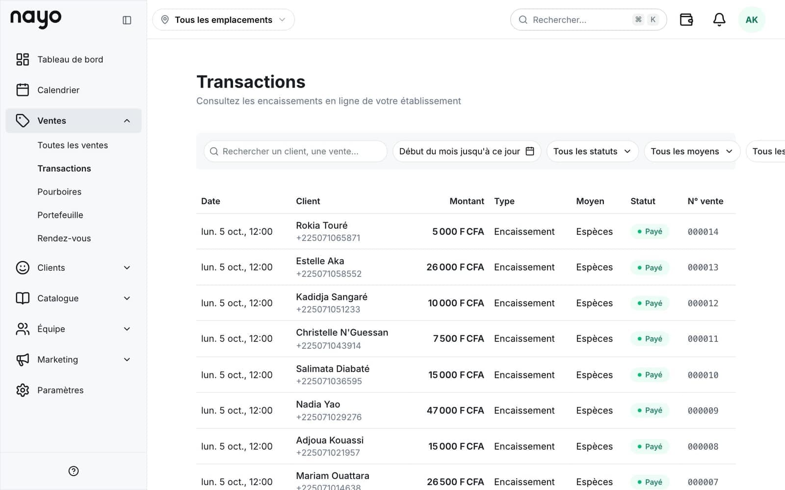 Liste des transactions